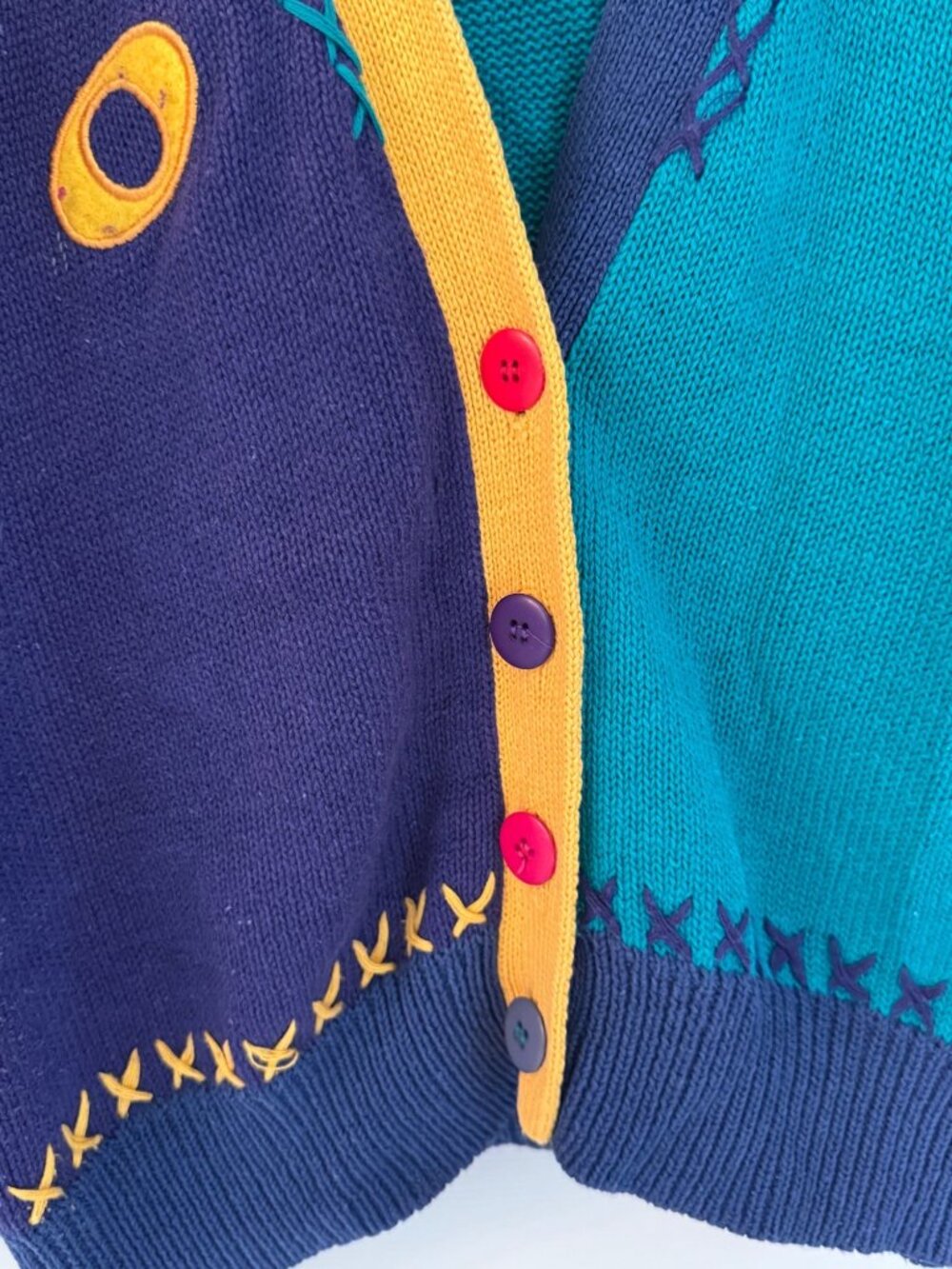 Vintage YOYO Colorblock Knit Cardigan Sweater Patch Primary ABC 90s 80s Small - Picture 9 of 10